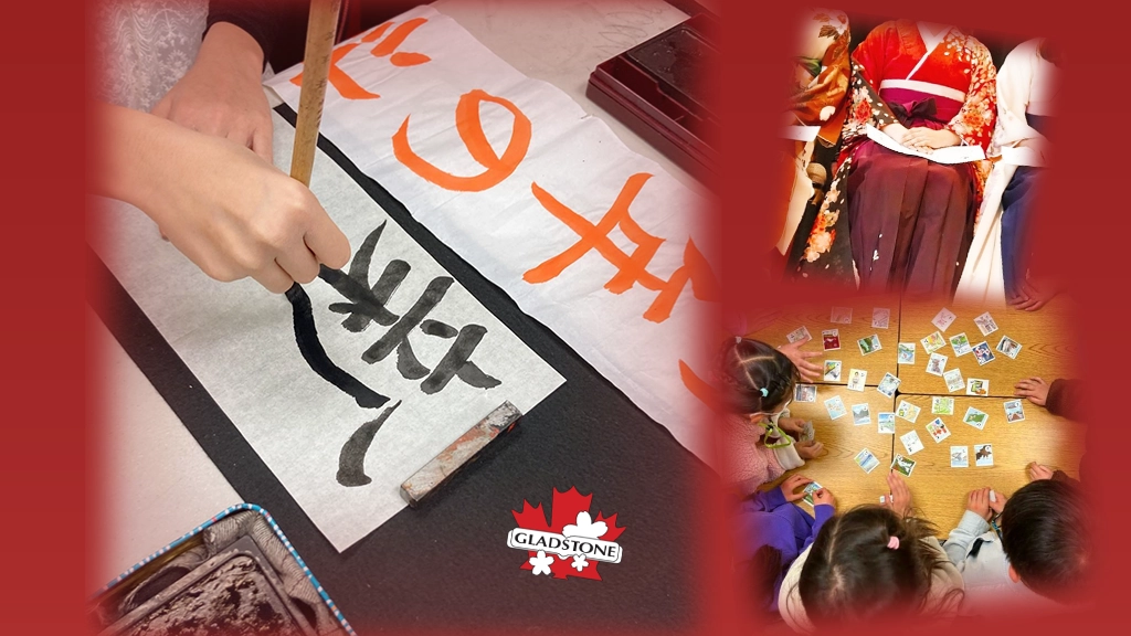 a picture of Japanese Calligraphy, students wearing Kimono, students playing Japanese card game.