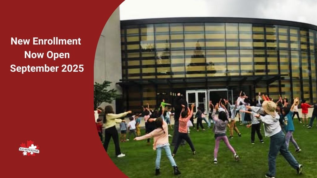 picture of students are exercising at Nikkei Centre and text of "New Enrollment Now Open September 2025" on the left with Gladstone Japanese Language School Logo.